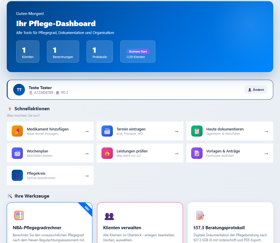 PflegePur Navigator Dashboard mit Klientenübersicht