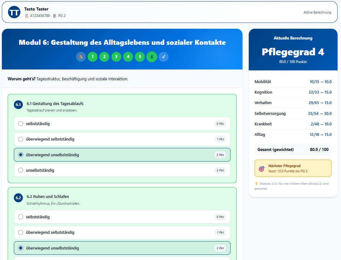 NBA-Rechner für Pflegeberater mit Pflegegrad-Berechnung